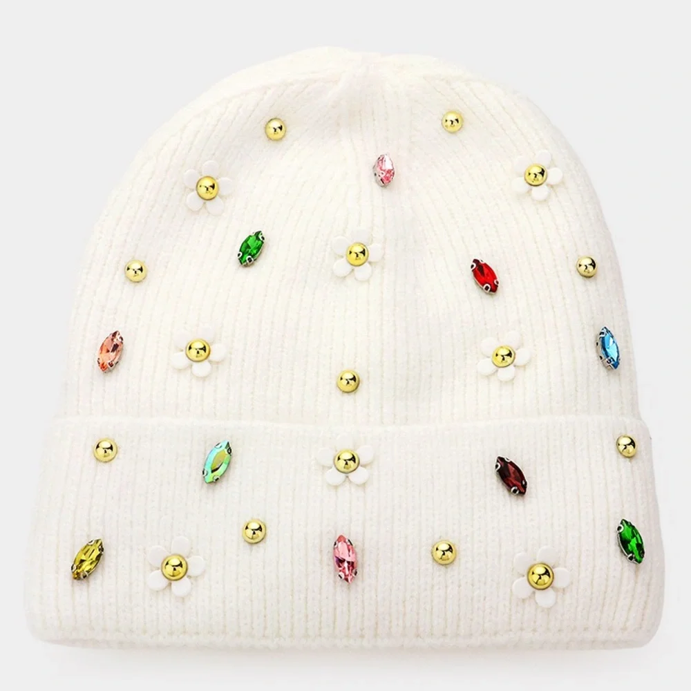 Rhinestone & Daisy Jewel Embellished Fleece Lining Knit Beanie Hat